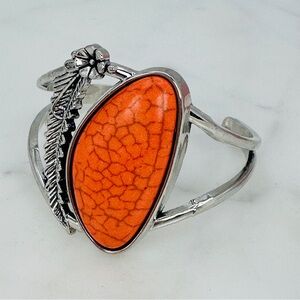 Southwestern Women's Wide Cuff Bracelet Coral  Silver-tone Boho Hippie Statement